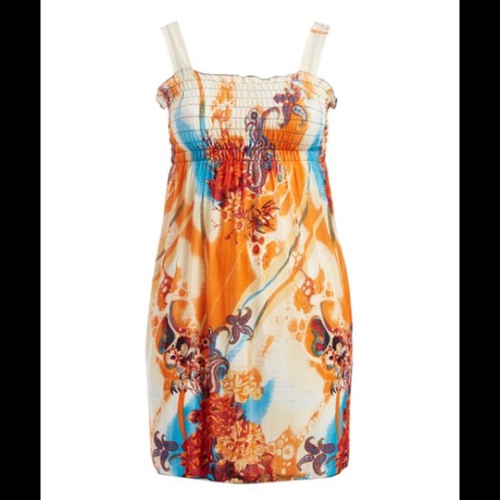 Ivory & orange shirred top a-line dress